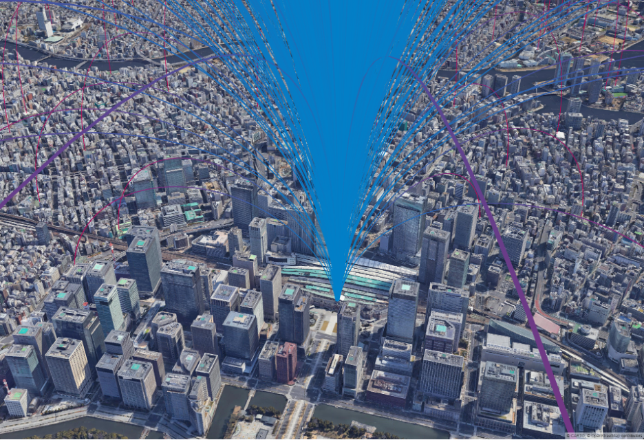 東京駅と都内の避難施設の位置関係をPhotorealistic 3D Tilesで表現した例